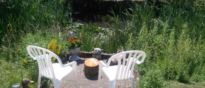 Chairs and table facing the garden and pond