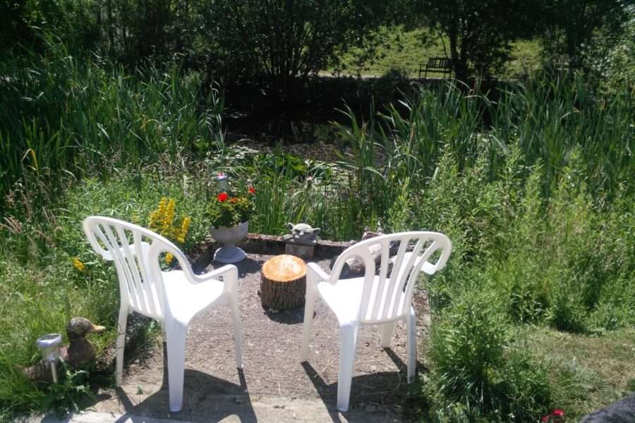 Chairs and table facing the garden and pond